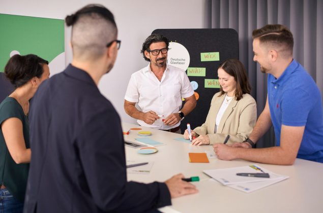 Fünf Personen im Brainstorming an einem Tisch